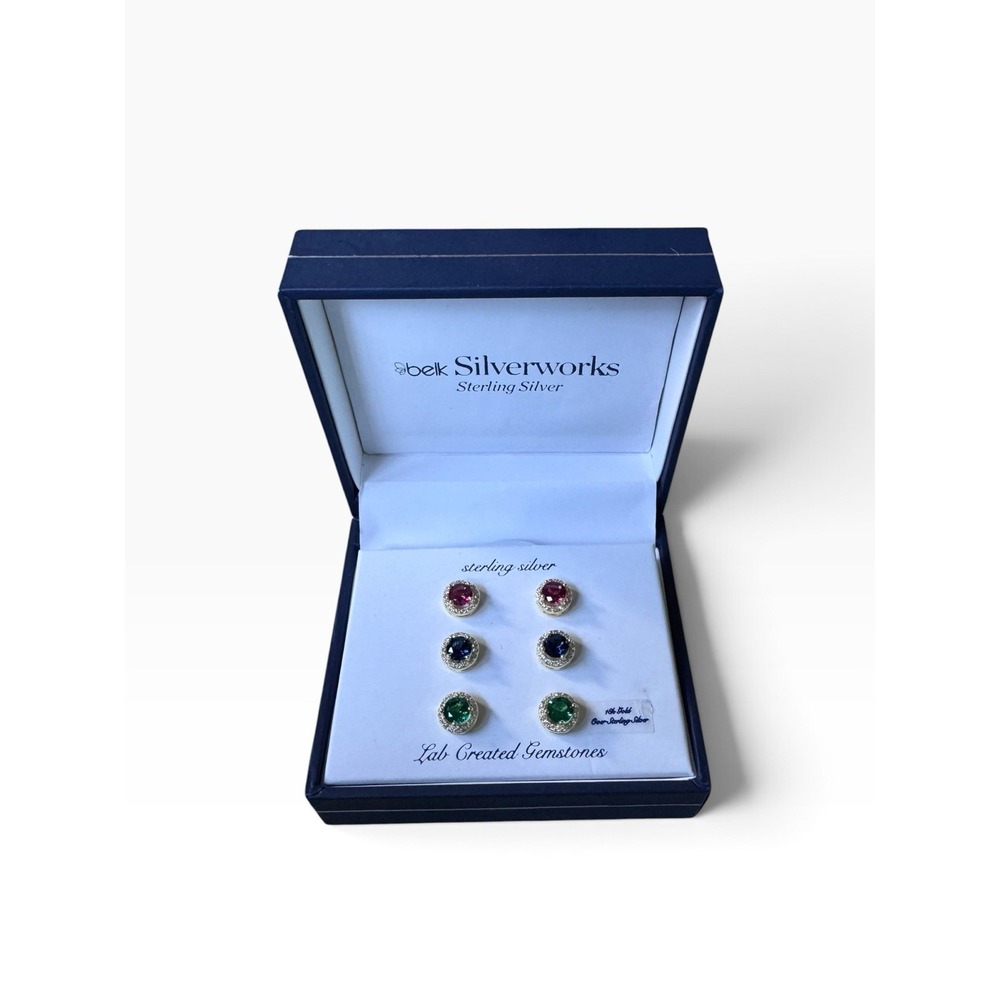 Belk Set Three Earring Pairs Lab Emerald Ruby & Blue Sapphire In Sterling Silver